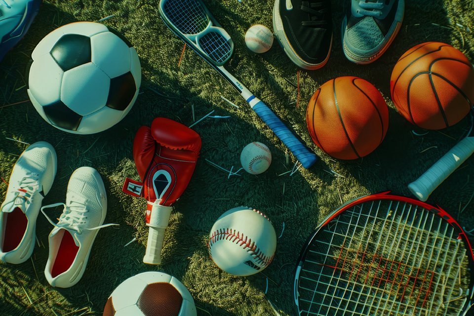 Assorted sports equipment including a football, running shoes, tennis racquet and more, lying on a grassy field.