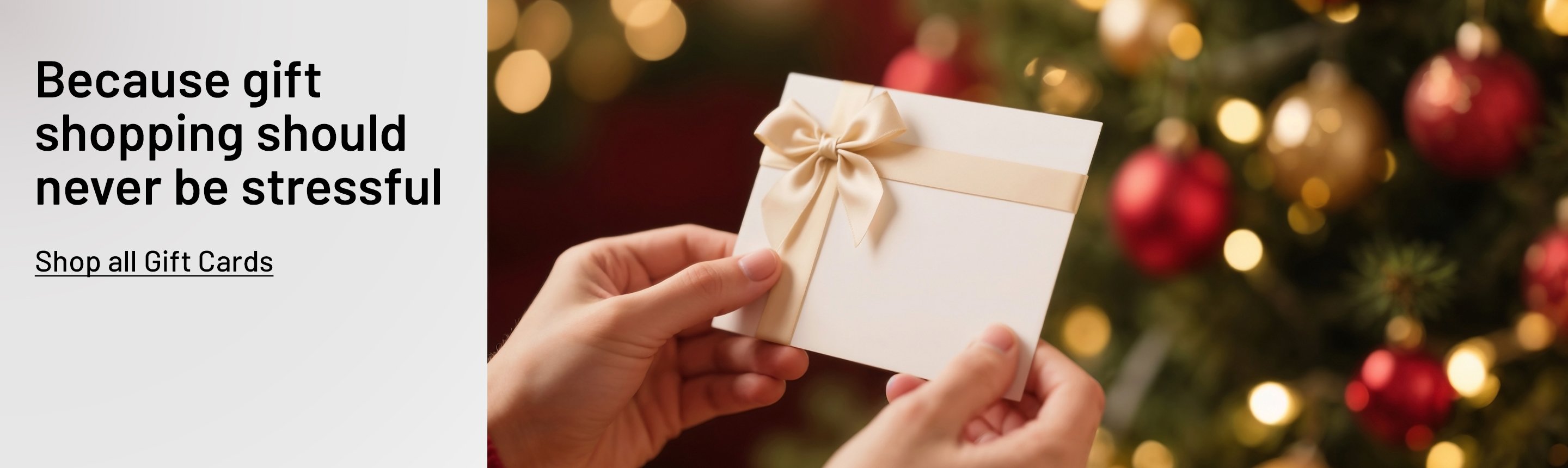 A banner depicting a person holding a gift card in an envelope with a bow on it, and a person holding shopping bags with a gift card.