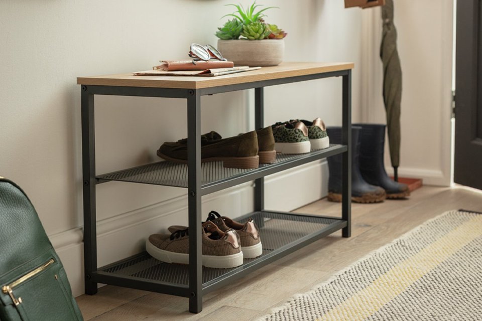An Argos Home Loft Living 3 Tier Shoe Rack in oak and black.