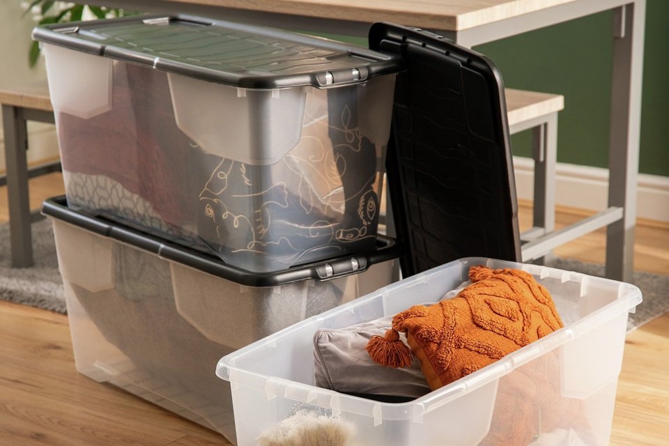 Strata Curve 3 x 80L Plastic Storage Boxes with Lid - Clear.