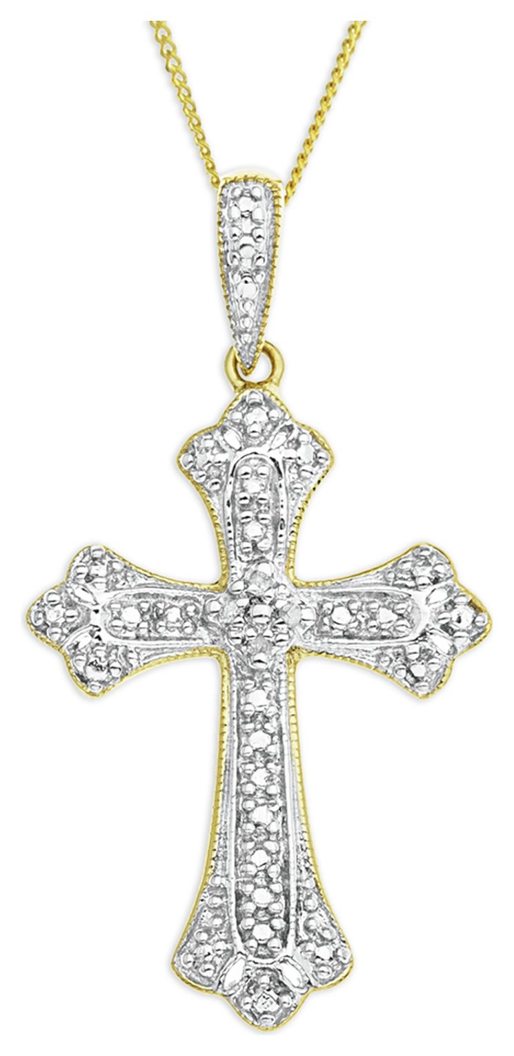 9ct Gold Diamond Set Decorative Cross Pendant Necklace