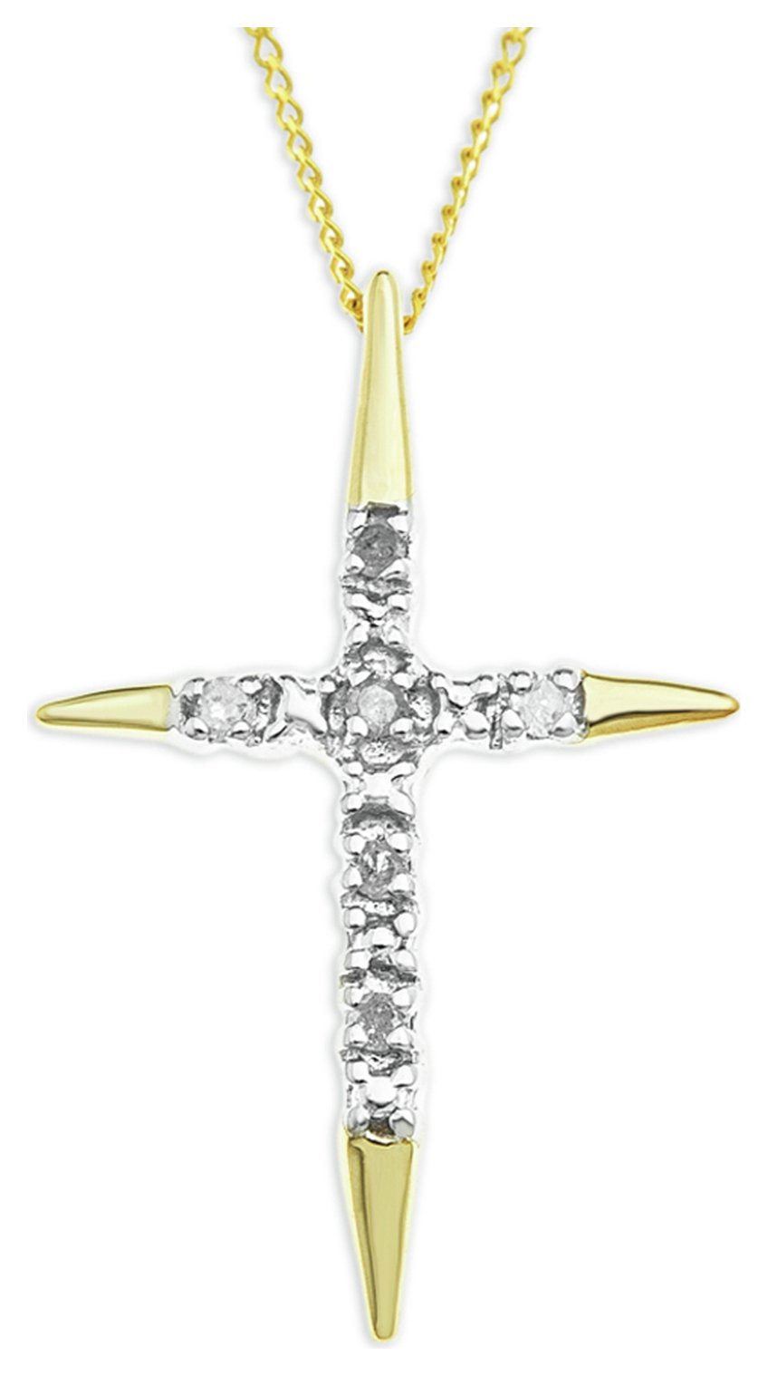 9ct Gold Six Diamond Set Cross Pendant Necklace
