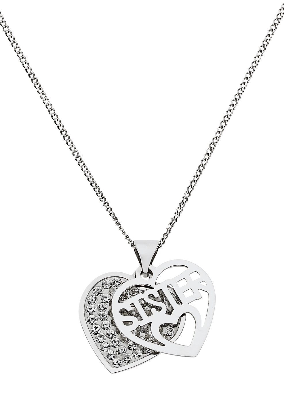 Moon & Back Silver & Crystal Heart Pendant Necklace