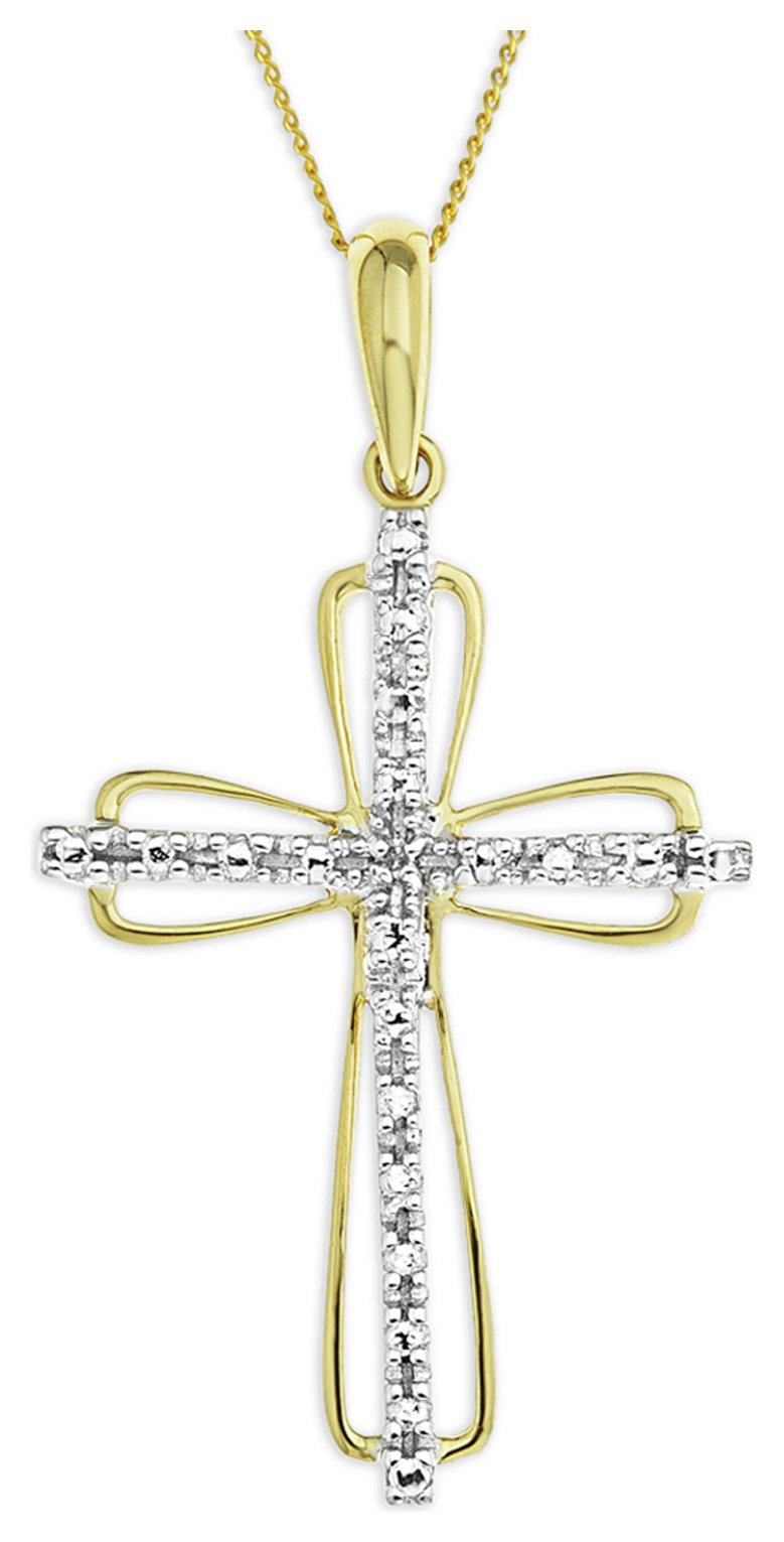 9ct Gold Diamond Set Open Cross Pendant Necklace.