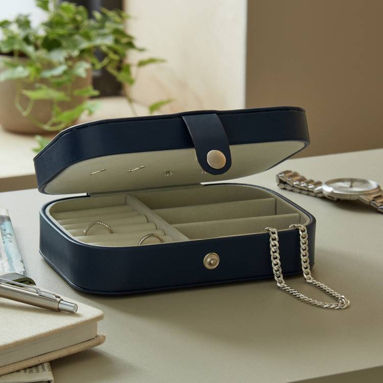 Argos Home Navy Faux Leather Medium Travel Jewellery Box 0