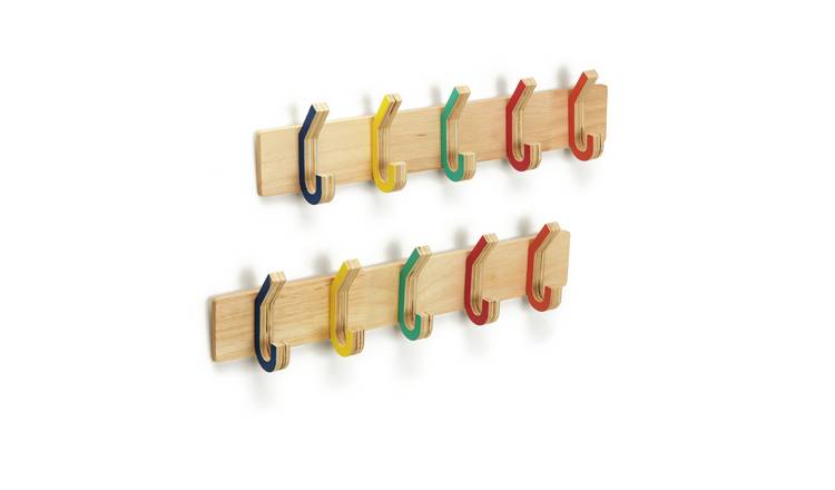 Habitat Pack of 5 Wall Mounted Wood Hooks - Multicoloured