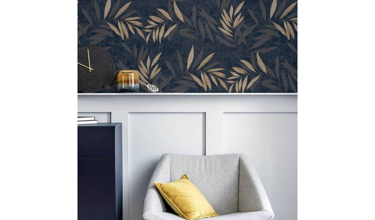 Arthouse Luxury Leaf Navy Champagne Wallpaper