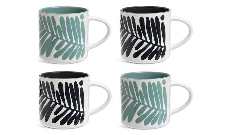 Habitat Leaf Set of 4 Stoneware Mugs - Green & Black