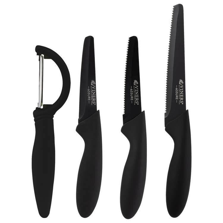 Viners 4 Piece Stainless Steel Knife and Peeler Set - Black 0