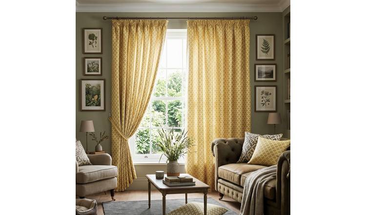 Luxury Living Geometric Lined Pencil Pleat Taped Curtains 168cm x 137cm - Yellow