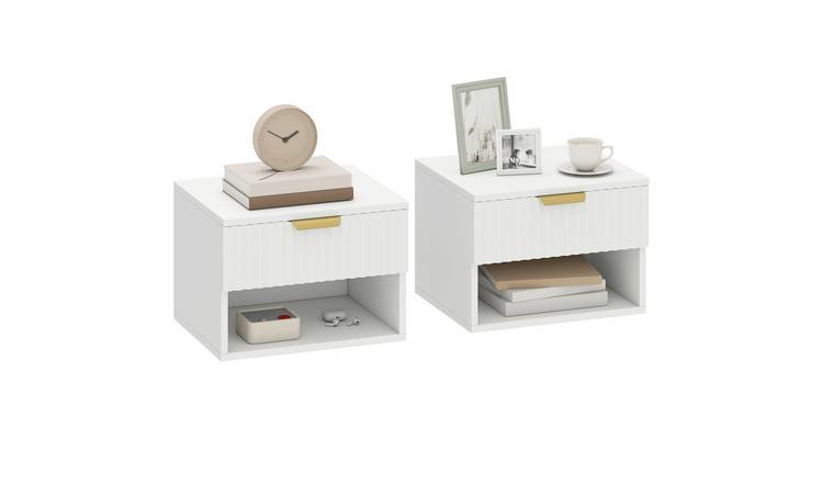 HOMCOM Set of 2 Floating Nightstand with Fluted Drawer and Shelf - White
