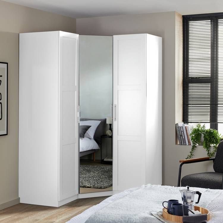 Habitat Munich Corner 3 Door Mirror Panellled Wardrobe-White 0
