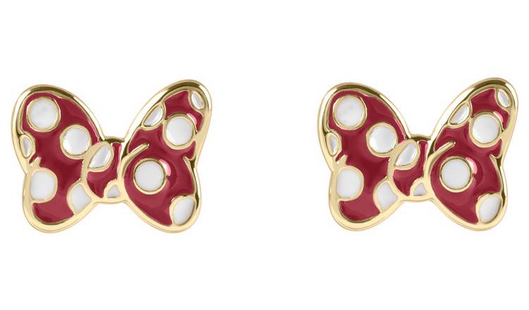 Disney Gold Plated Red Polka Dot Bow Minnie Mouse Earrings 