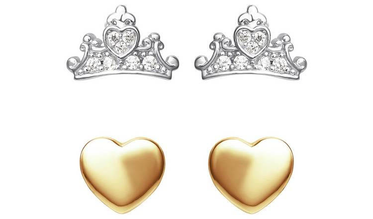 Disney Princess Sterling Silver Crown & Heart Stud Earrings