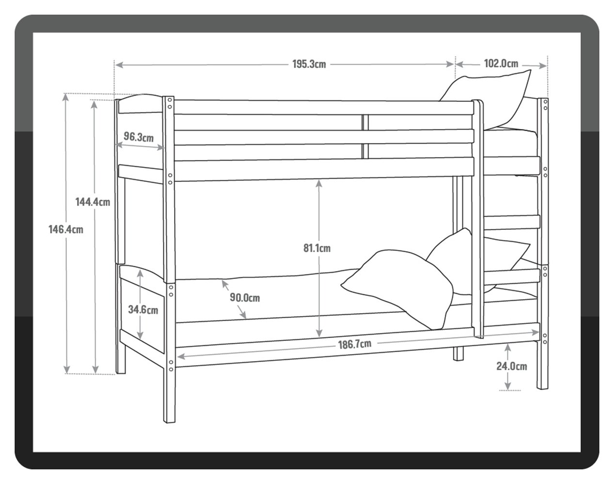 чертеж двухъярусной металлической кровати с размерами