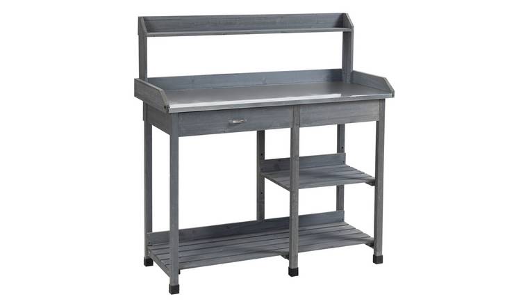 Outsunny Wood Drawer and Shelves Galvanised Top Potting Table - Grey