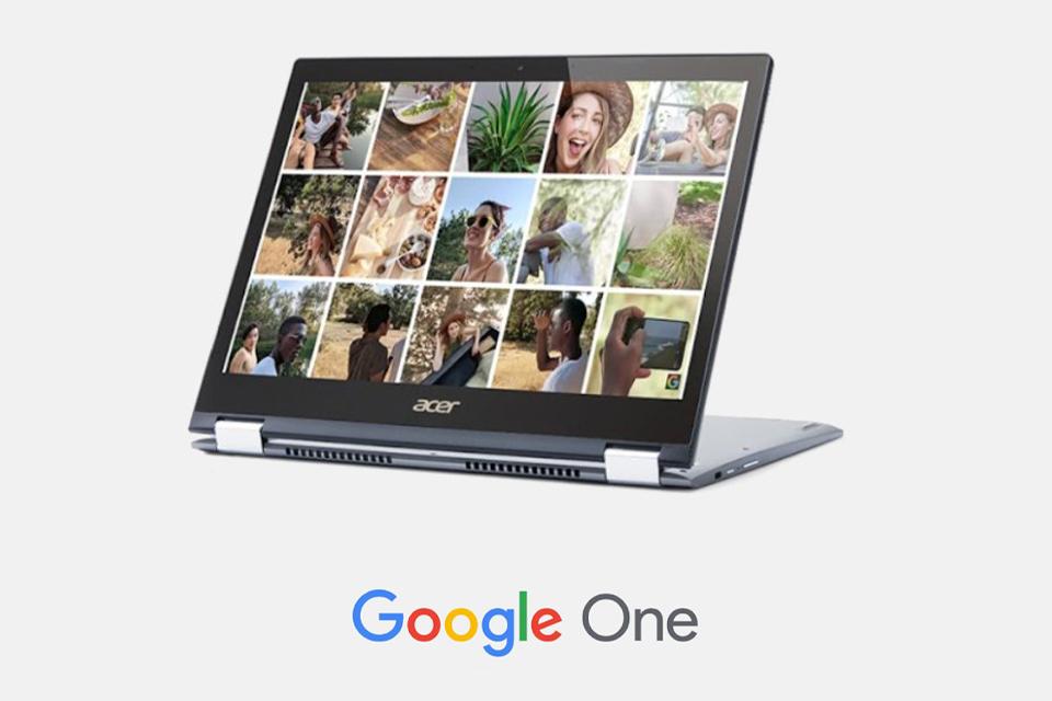 Chromebook with a screenshot of people in a Google Meet with a Google One logo.