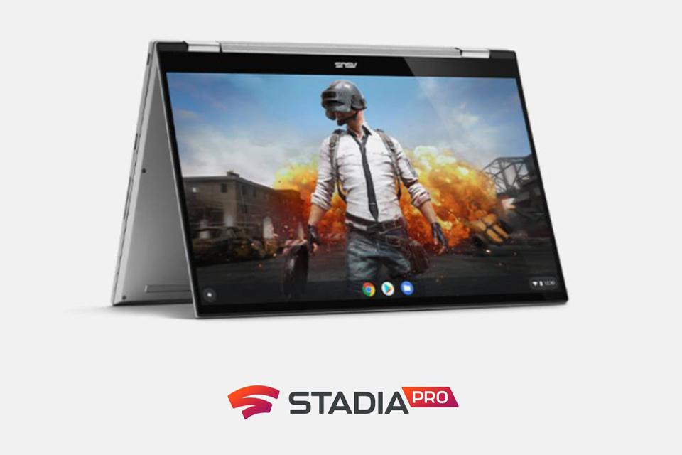 Chromebook with a screenshot of PlayerUnknown's Battlegrounds and the Stadia Pro logo.