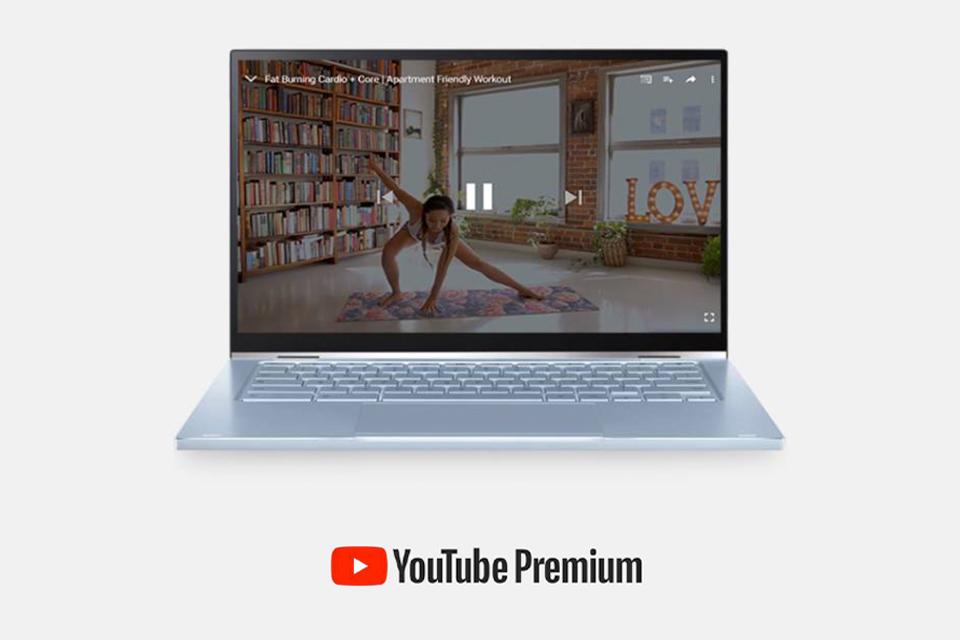 Chromebook with a screenshot of a dancer and the YouTube premium logo.