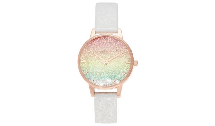 Olivia Burton Rainbow Glitter Dial & White Strap Watch