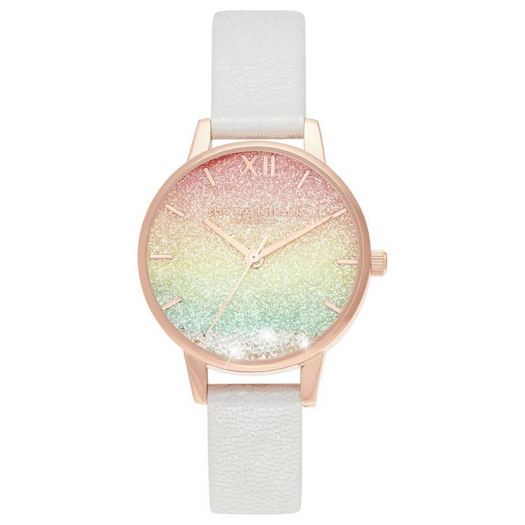 Olivia Burton Rainbow Glitter Dial & White Strap Watch 0