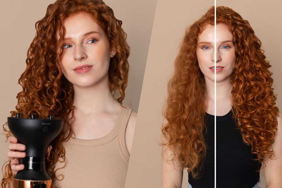 A split image of a girl using Bellissima Italia Diffon Ceramic Hair Dryer with Diffuser on one side and a before and after look comparison on the other. 