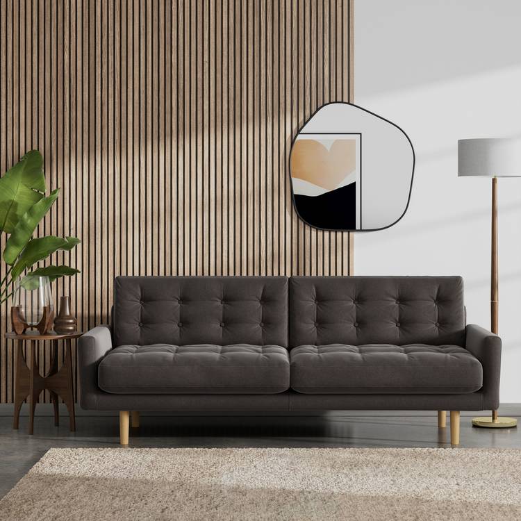 Habitat Fenner Velvet 3 Seater Sofa - Grey - Ash Leg 0