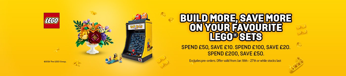 LEGO®. Build more, save more on your favourite LEGO® sets. Spend £50, save £10. Spend £100, save £20. Spend £200, save £50.