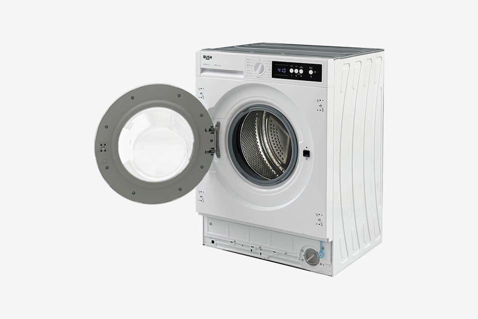 A white Bush 7kg 1200 spin integrated washing machine.