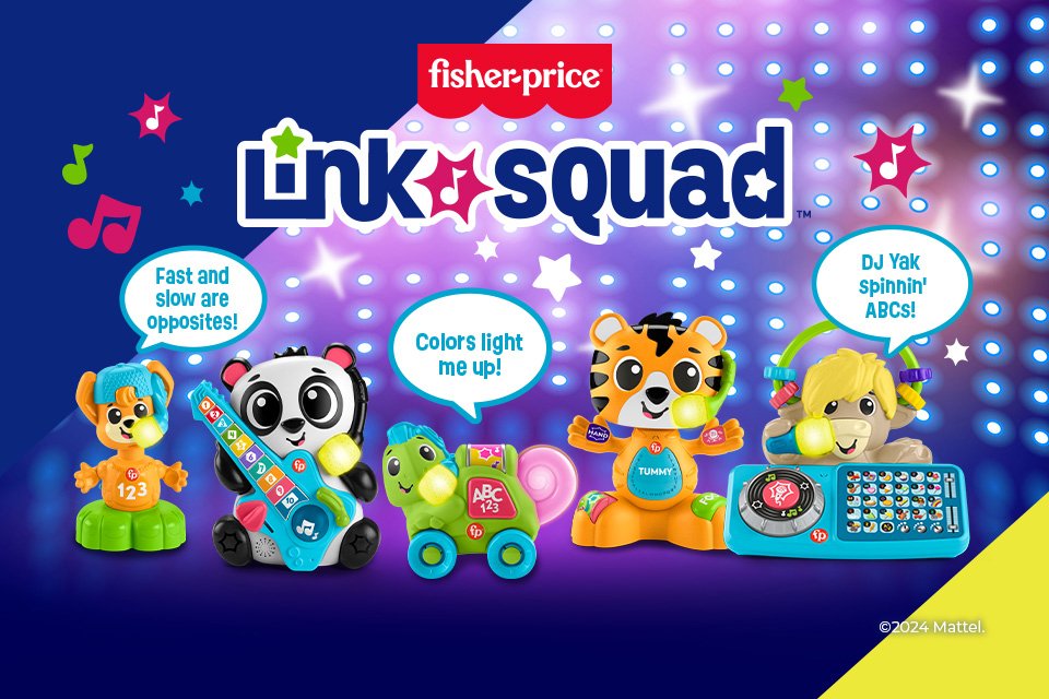 Five Fisher-Price Link Squad learning toys against a vibrant background.