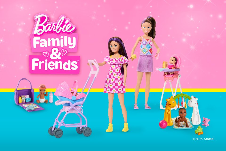 Two Barbie dolls next to some toys. 