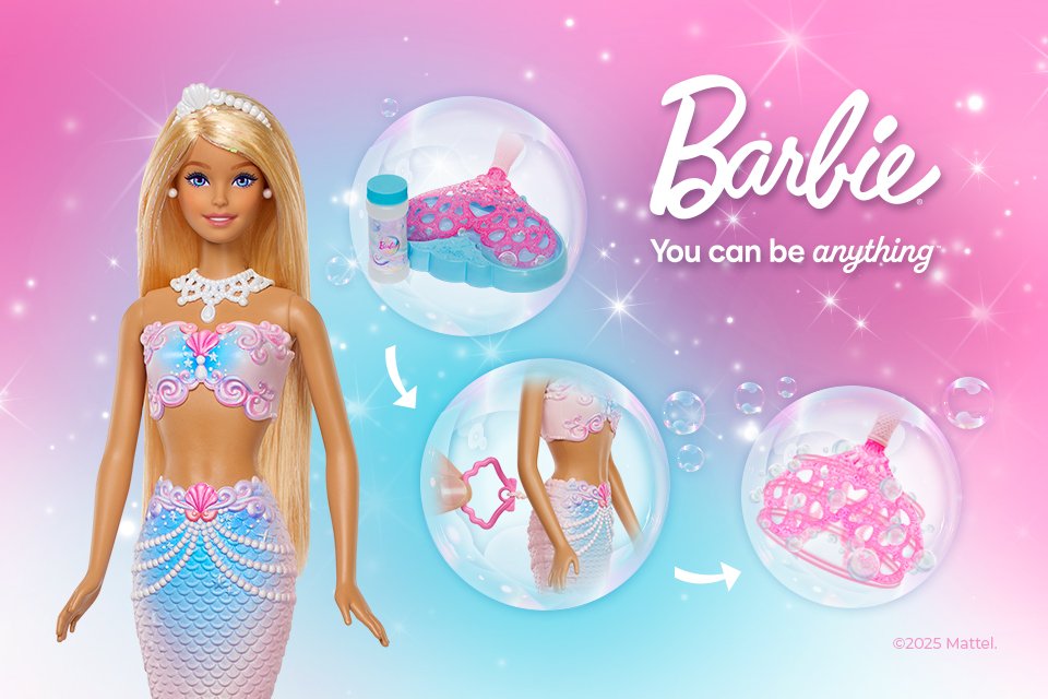 A Barbie doll and various shots of her mermaid costume against a light pink background.
