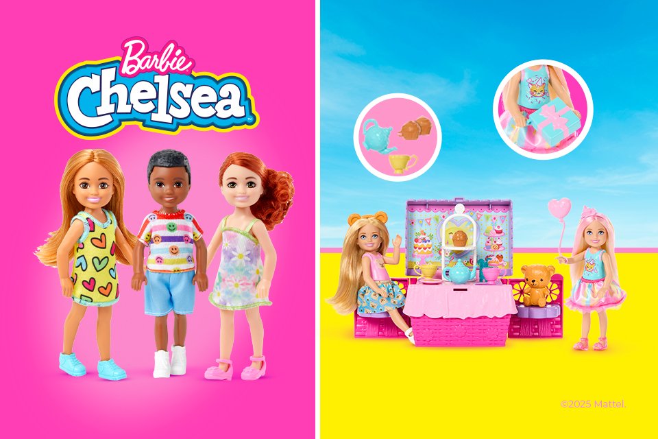 A split image of three Barbie Chelsea dolls and a Barbie beach house.