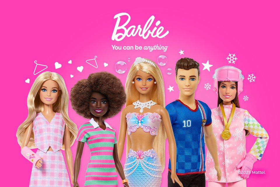  An assortment of Barbie and Ken dolls against a pink background.