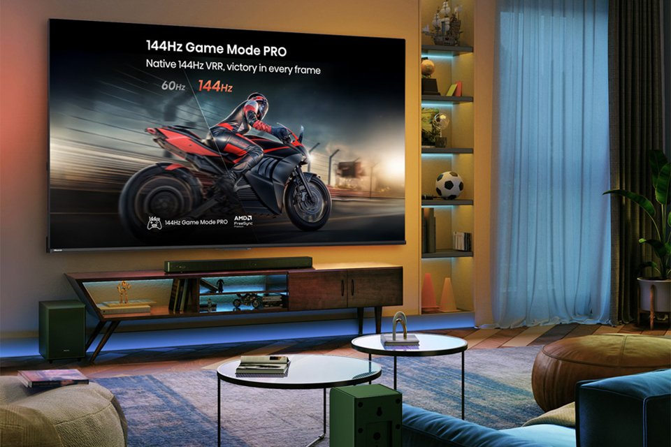 Hisense TV showing a gaming interface in a living room.