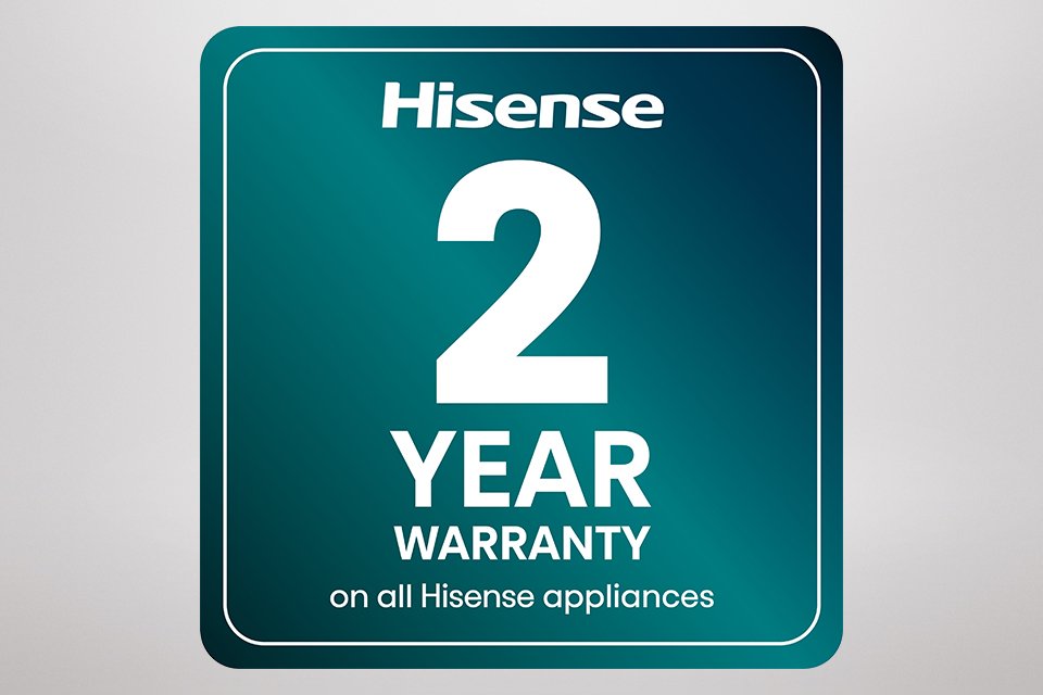 The text 'Hisense 2 year warranty for added peace of mind' written in white on teal background.
