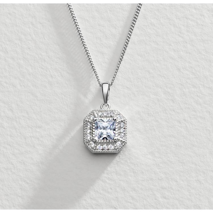 Revere Sterling Silver Square Halo Pendant Necklace 0