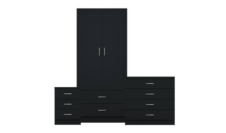 Vida Designs Riano Bedroom Set (Bedside, 4 Drawer Chest, 2x2 Wardrobe) - Black