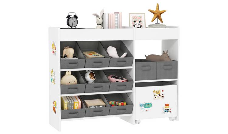 AIYAPLAY 4 Tier Fabric Children Toy Box with 11 Fabric Bins Top Shelves - White