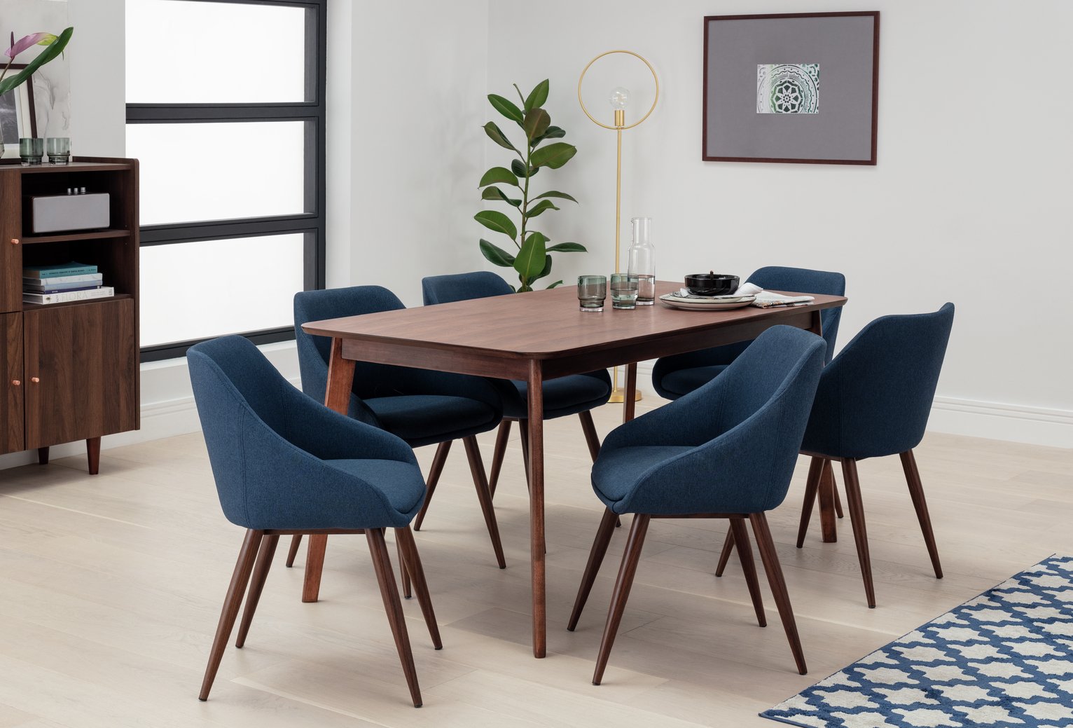 Argos Home Skandi Walnut Veneer Dining Table & 6 Blue Chairs Reviews