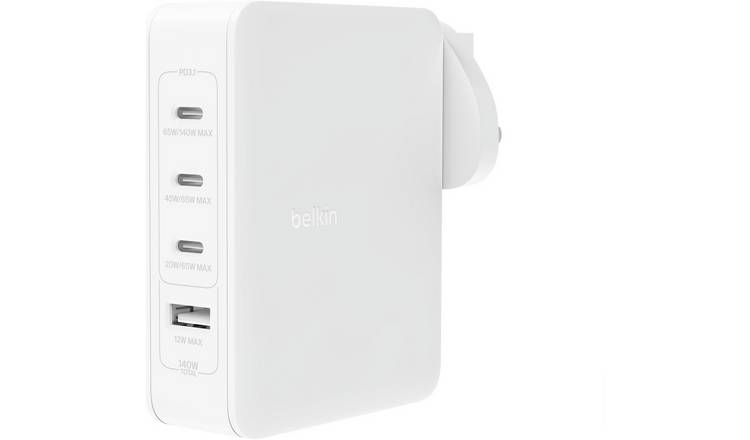 Belkin 140W 4 Port GaN Wall Charger with Travel tips -White
