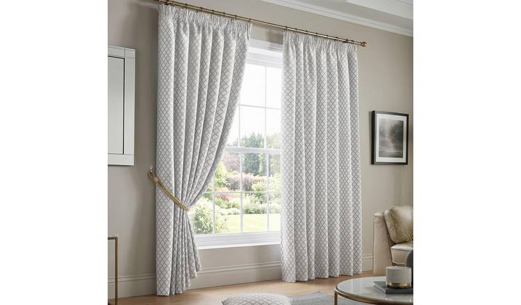 Luxury Living Geometric Lined Pencil Pleat Taped Curtains 168cm x 137cm - White