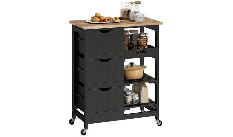 HOMCOM Rolling Kitchen Island Cart with Wood Top - Black