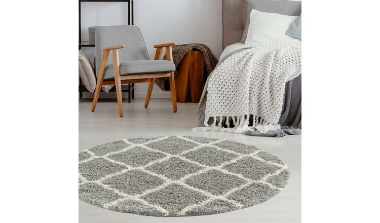 The Rugs Grey Moroccan Shaggy Lattice Round Rug - 120cm