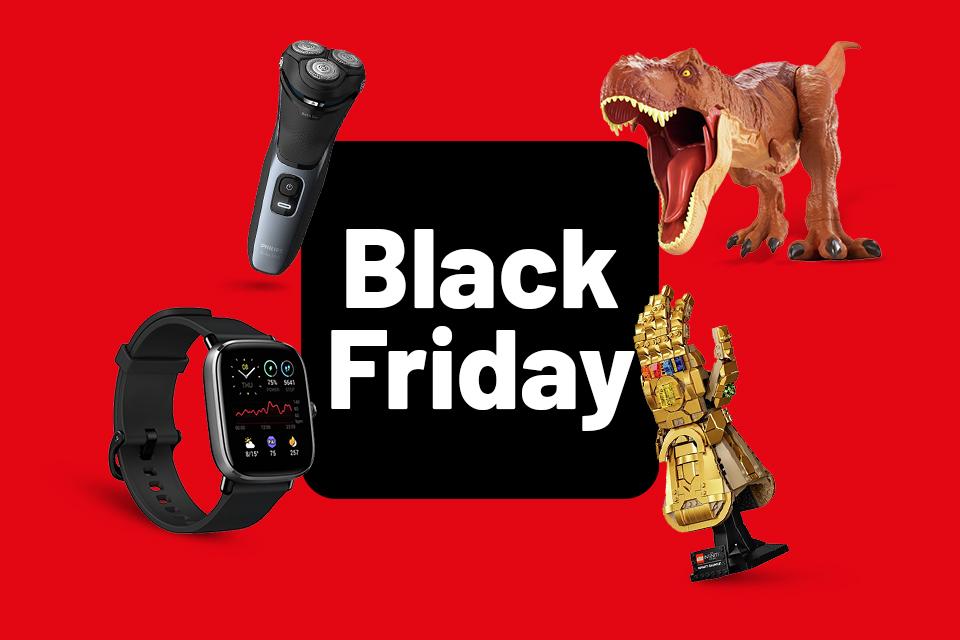 Black Friday logo on a red background with a t-rex toy, Amazfit watch,  LEGO Infinity Gauntlet and an eletric razor.