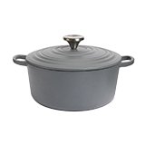 Grey cast iron casserole dish.