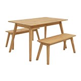 Wooden dining table with benches.