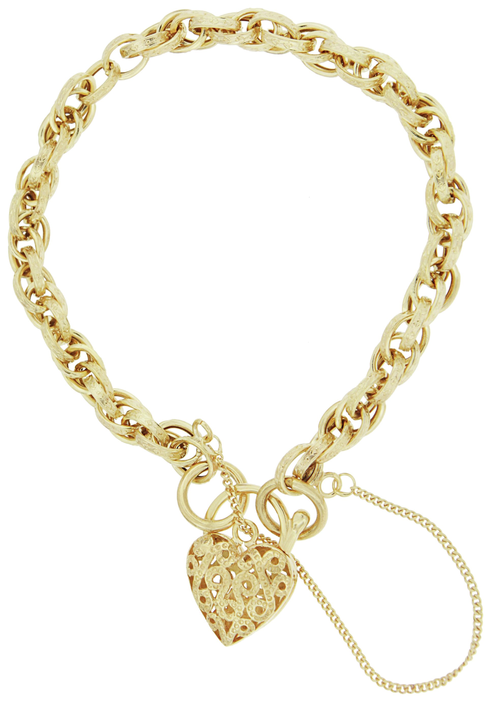 Bracci 9ct Gold Textured Link Heart Bracelet.