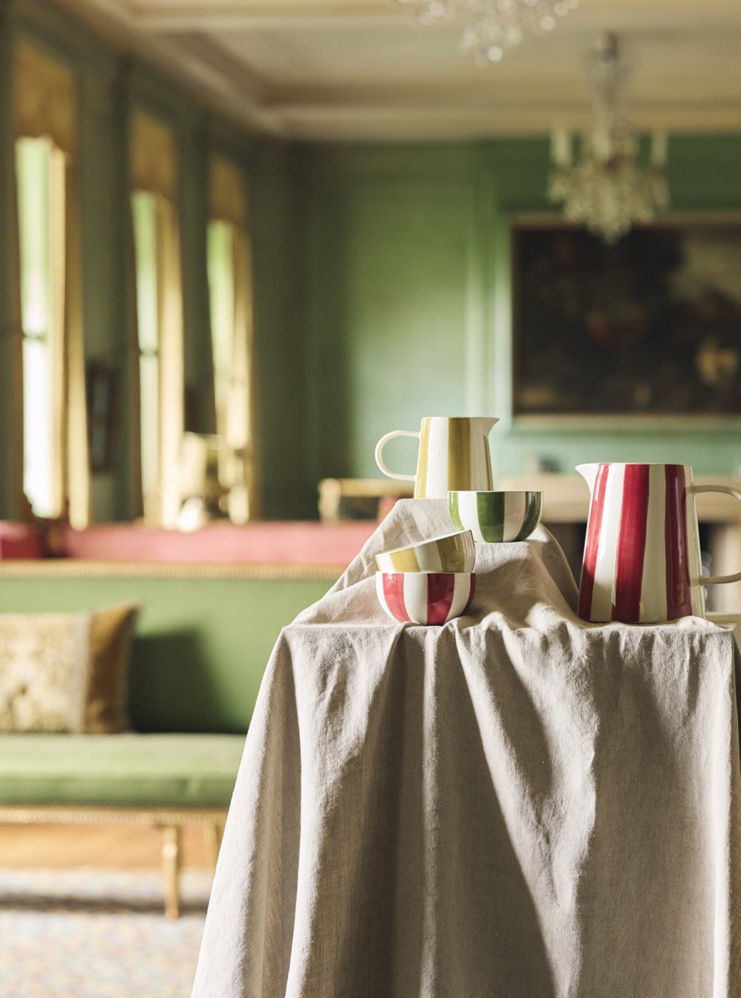 Habitat x National Trust collaboration striped jug and mugs and cups in national trust house.
