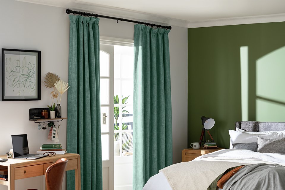 Green curtains.